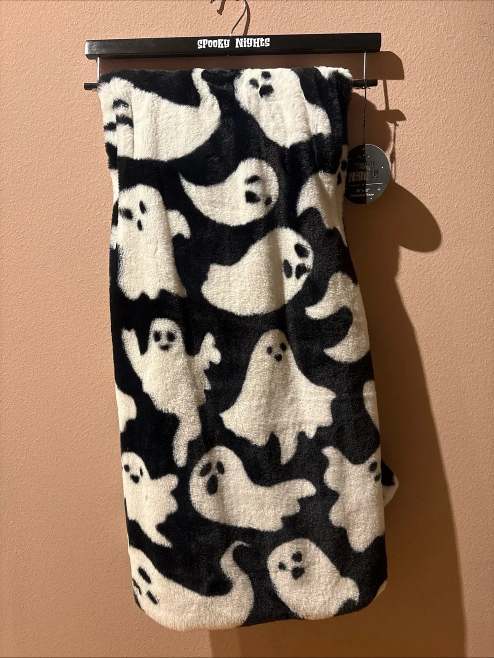 Ghost Halloween Faux Fur Throw Blanket 50” X 60”  Black/ White NEW